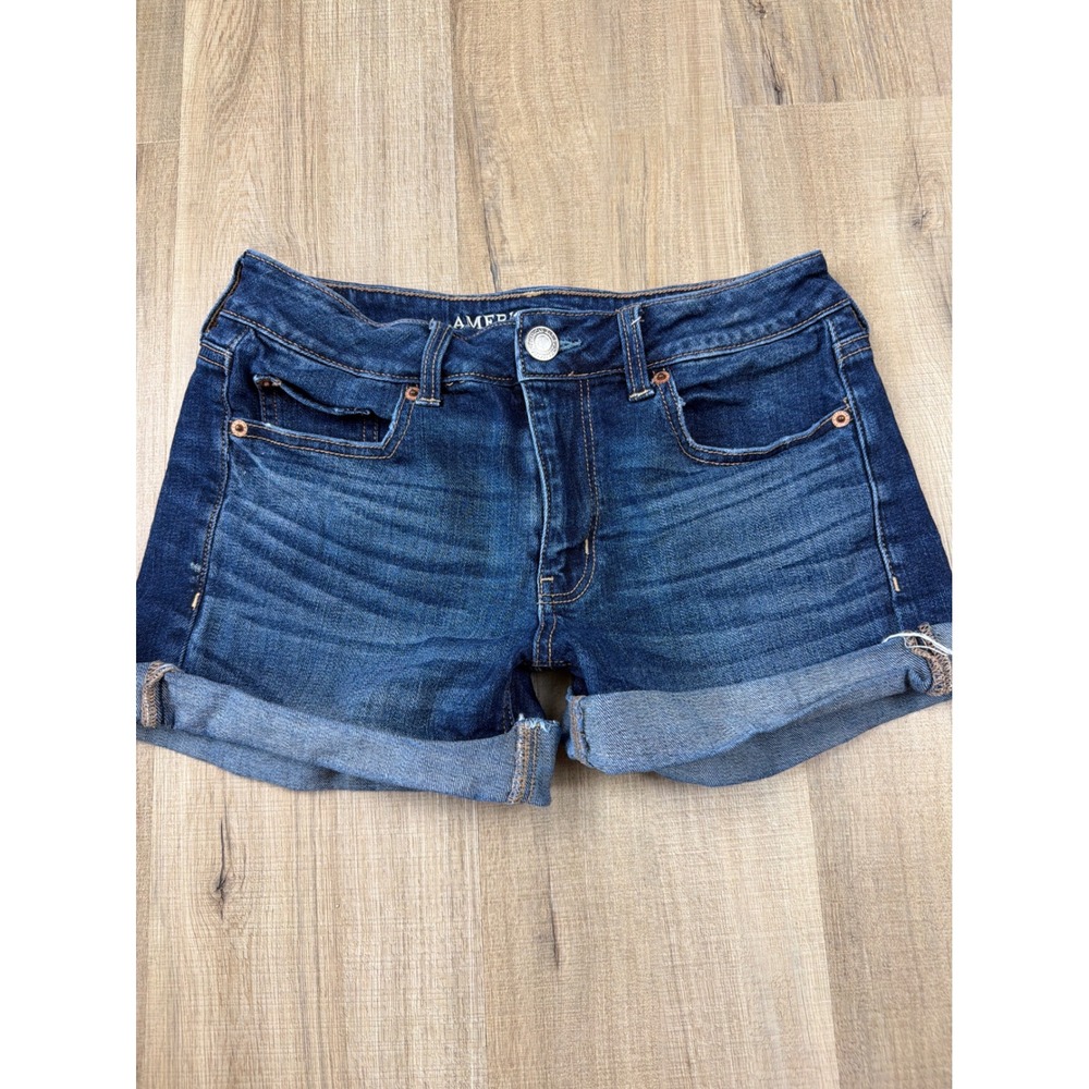 American Eagle Tomgirl Midi‎ Denim Shorts Dark Wash Cuffed Stretch Womens Size 2